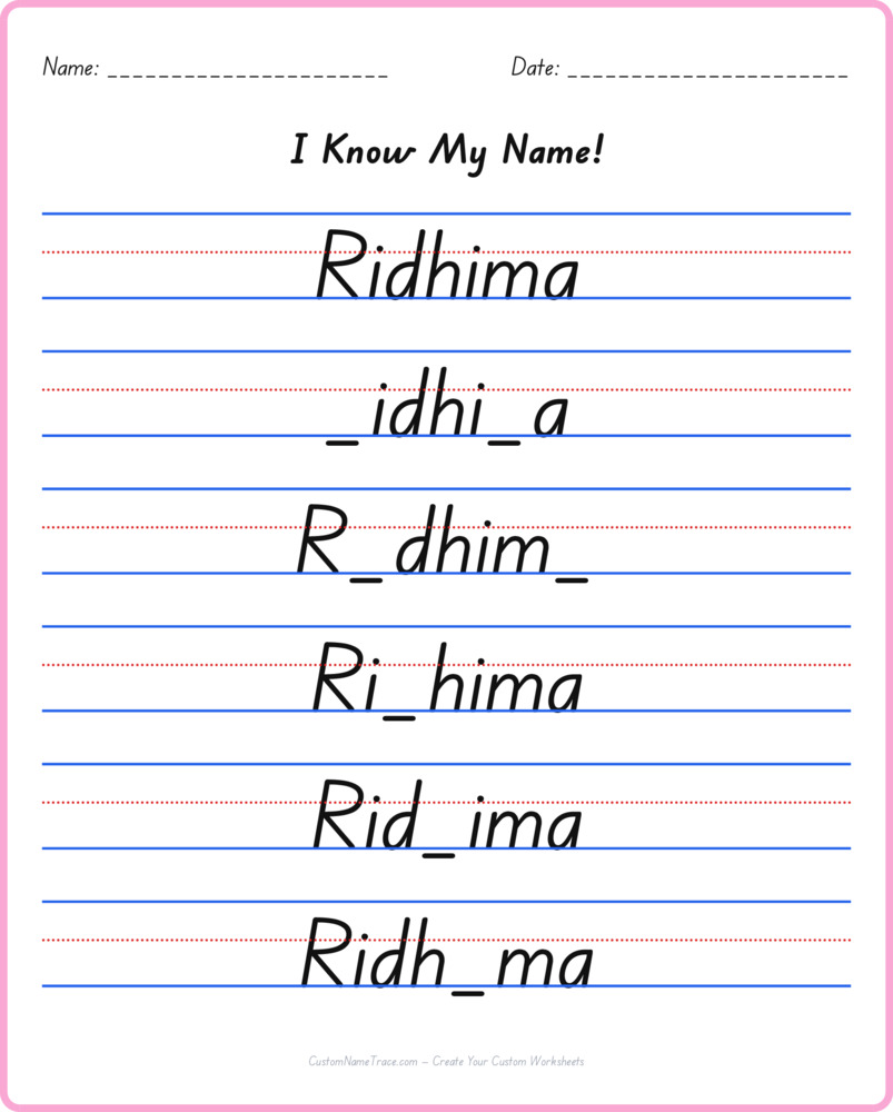 Free Ridhima custom name tracing - fill-in-the-blank free worksheet
