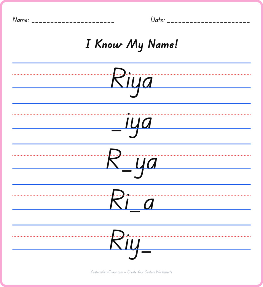 Free Riya custom name tracing - fill-in-the-blank free worksheet