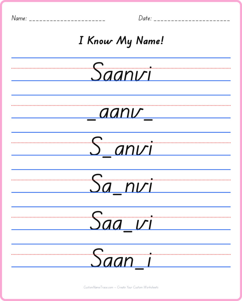 Free Saanvi custom name tracing - fill-in-the-blank free worksheet