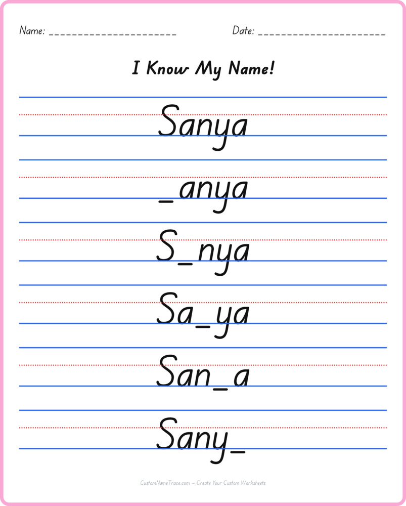 Free Sanya custom name tracing - fill-in-the-blank free worksheet