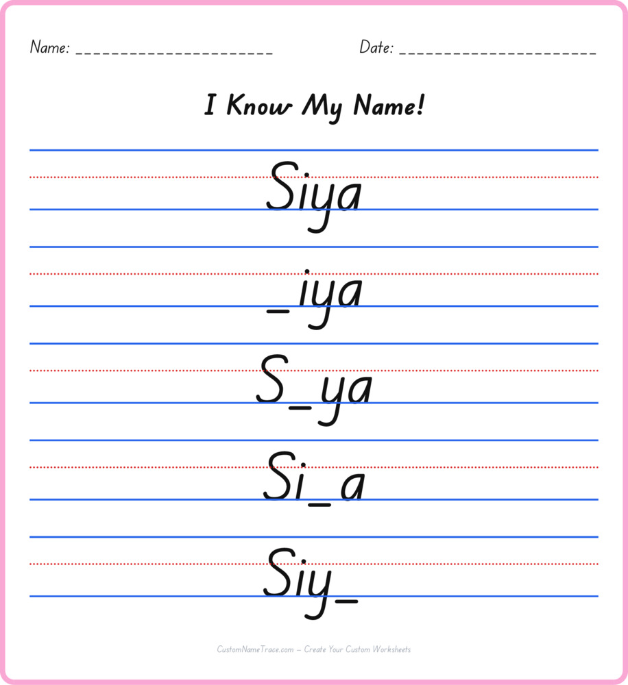 Free Siya custom name tracing - fill-in-the-blank free worksheet