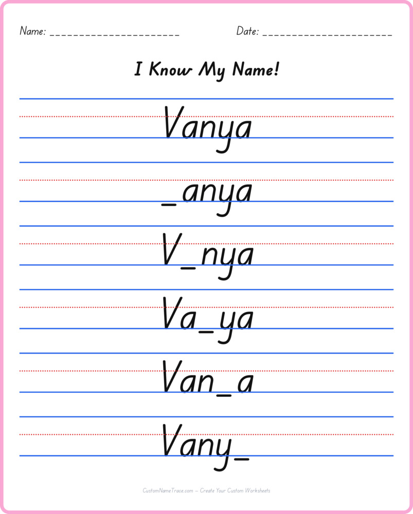 Free Vanya custom name tracing - fill-in-the-blank free worksheet