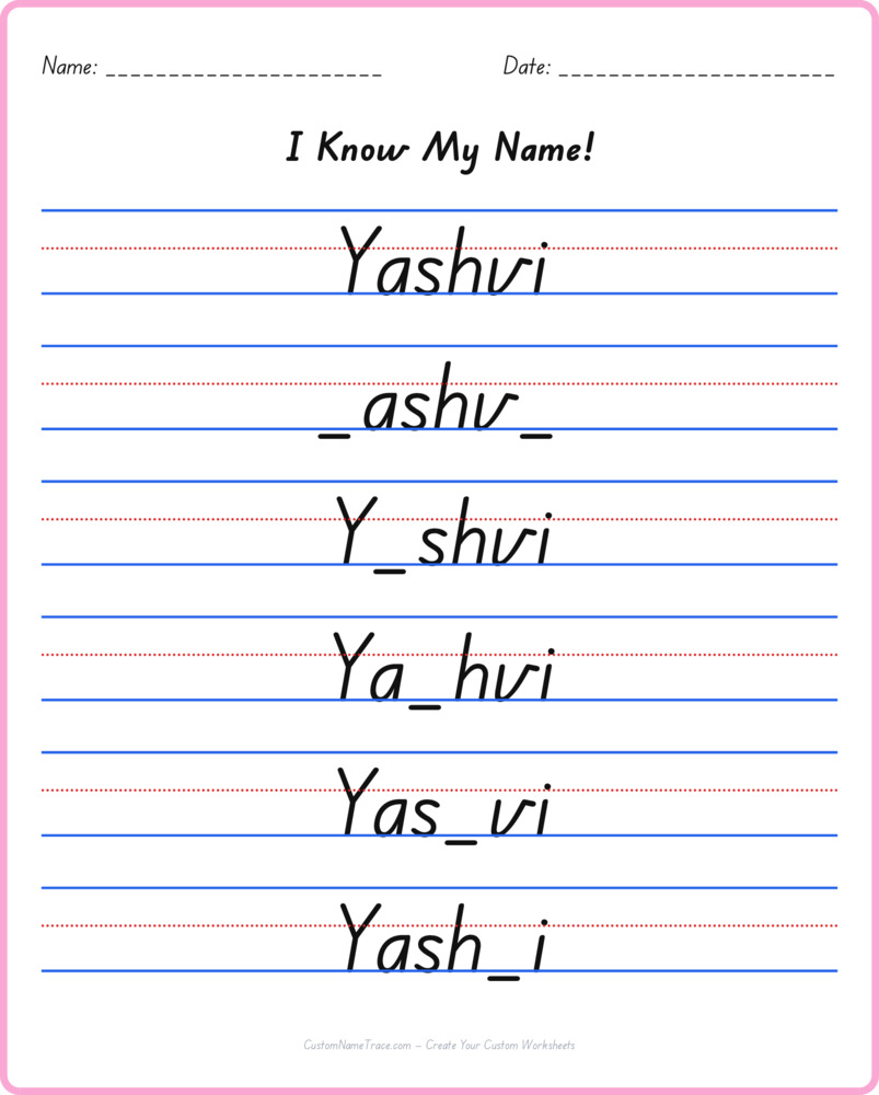 Free Yashvi custom name tracing - fill-in-the-blank free worksheet