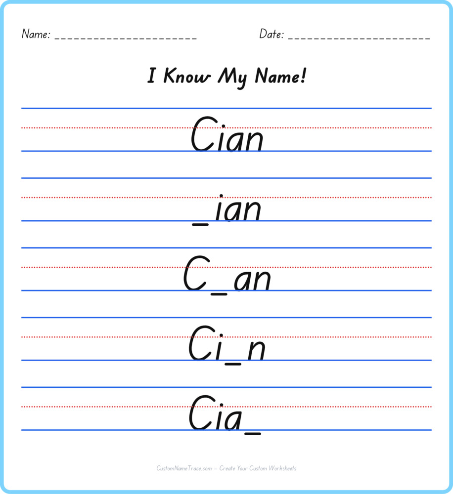 Free Cian custom name tracing - fill-in-the-blank free worksheet