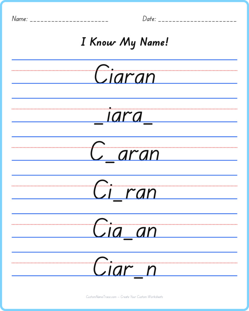 Free Ciaran custom name tracing - fill-in-the-blank free worksheet