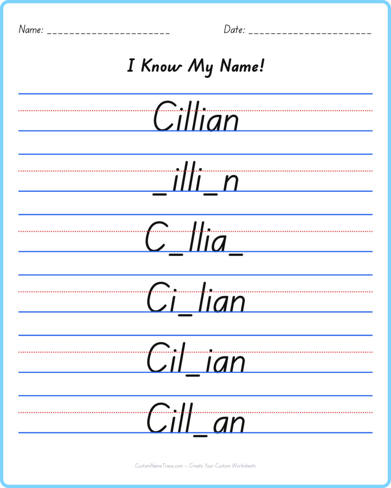 Free Cillian custom name tracing - fill-in-the-blank free worksheet