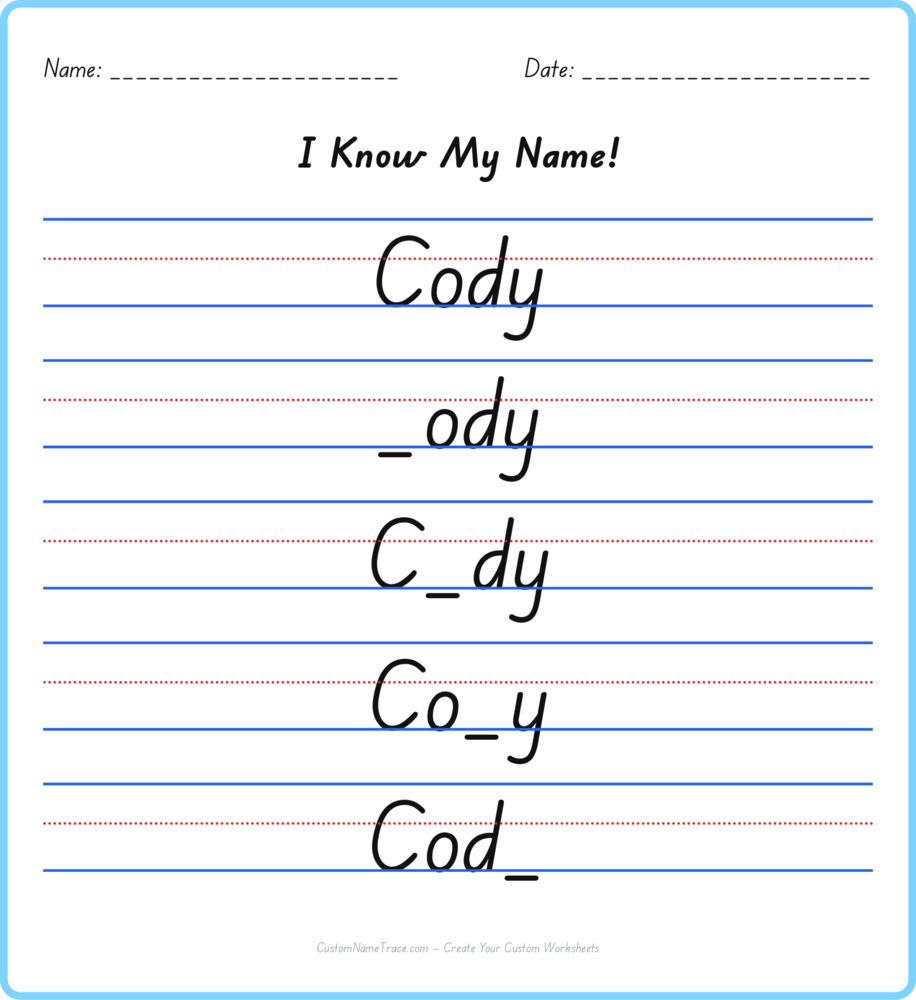 Free Cody custom name tracing - fill-in-the-blank free worksheet