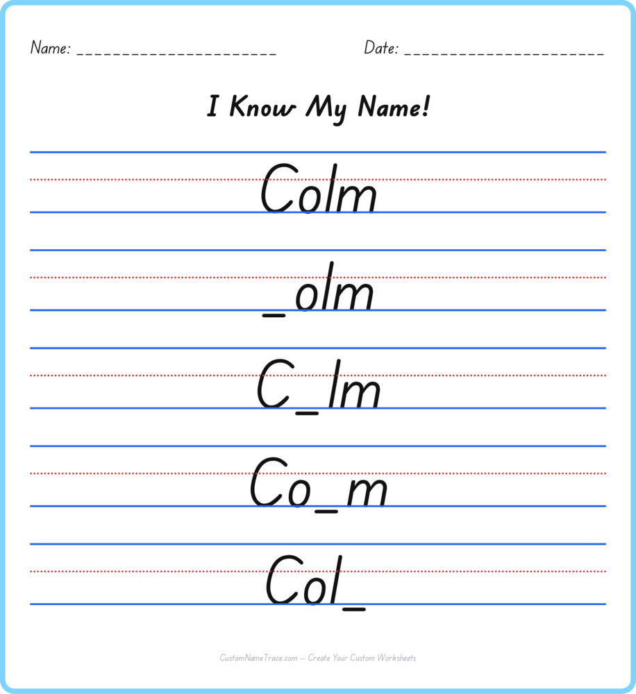 Free Colm custom name tracing - fill-in-the-blank free worksheet