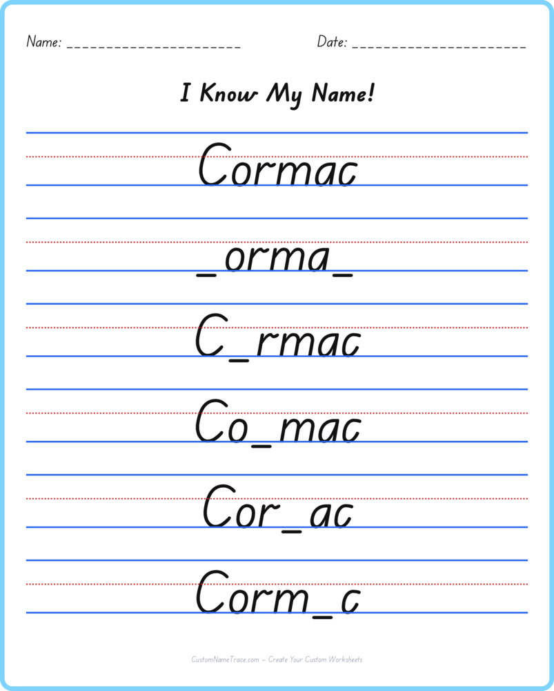 Free Cormac custom name tracing - fill-in-the-blank free worksheet