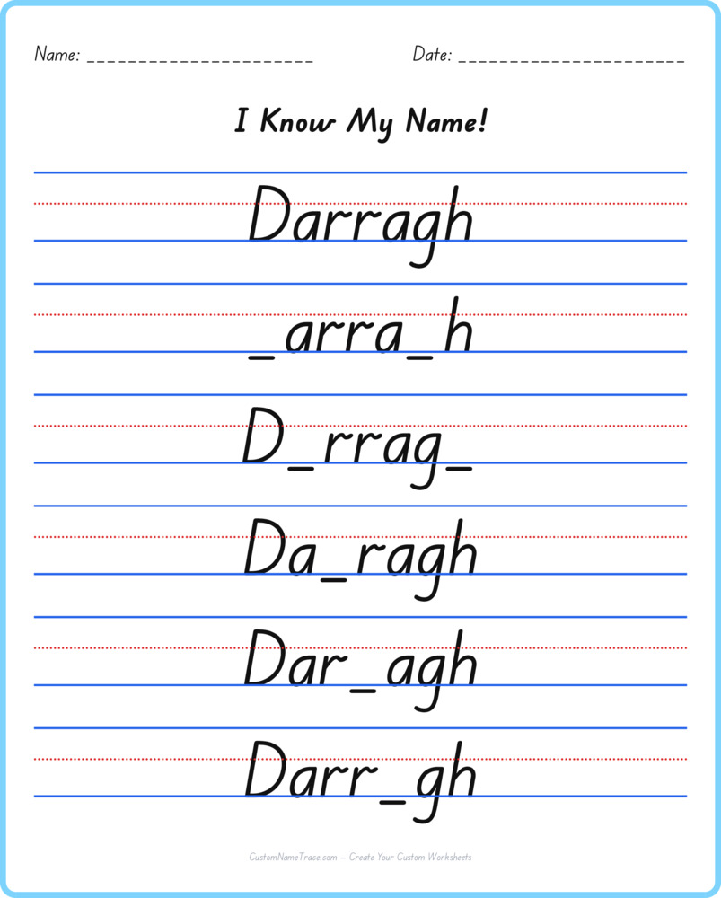 Free Darragh custom name tracing - fill-in-the-blank free worksheet
