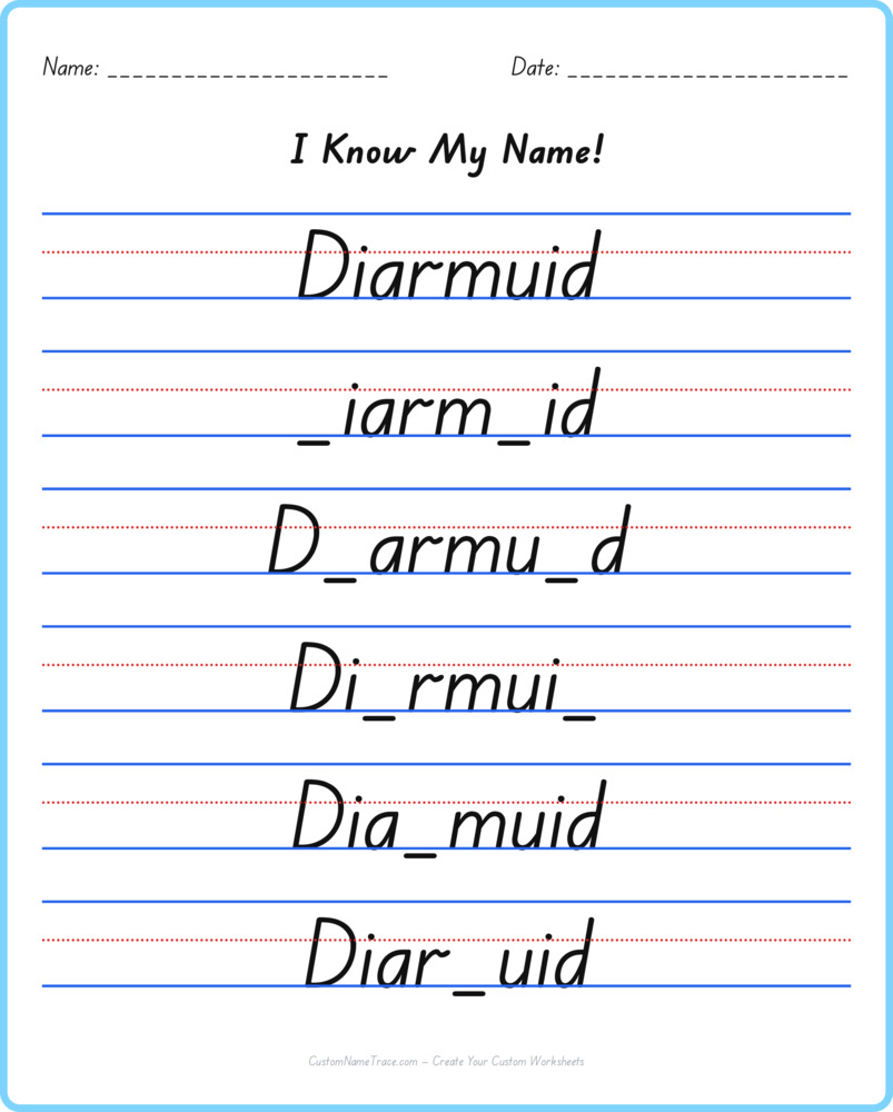 Free Diarmuid custom name tracing - fill-in-the-blank free worksheet