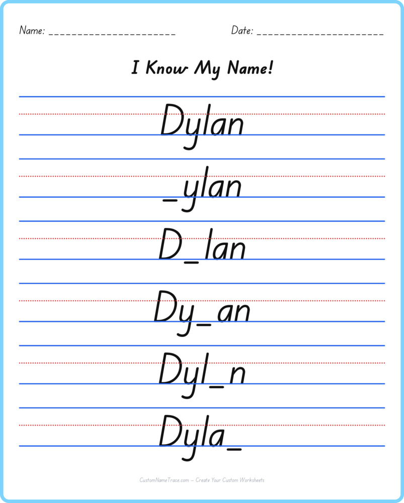 Free Dylan custom name tracing - fill-in-the-blank free worksheet