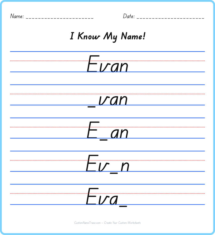 Free Evan custom name tracing - fill-in-the-blank free worksheet