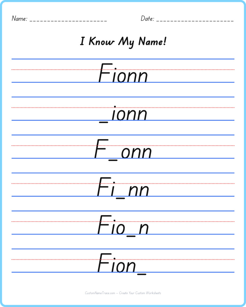 Free Fionn custom name tracing - fill-in-the-blank free worksheet