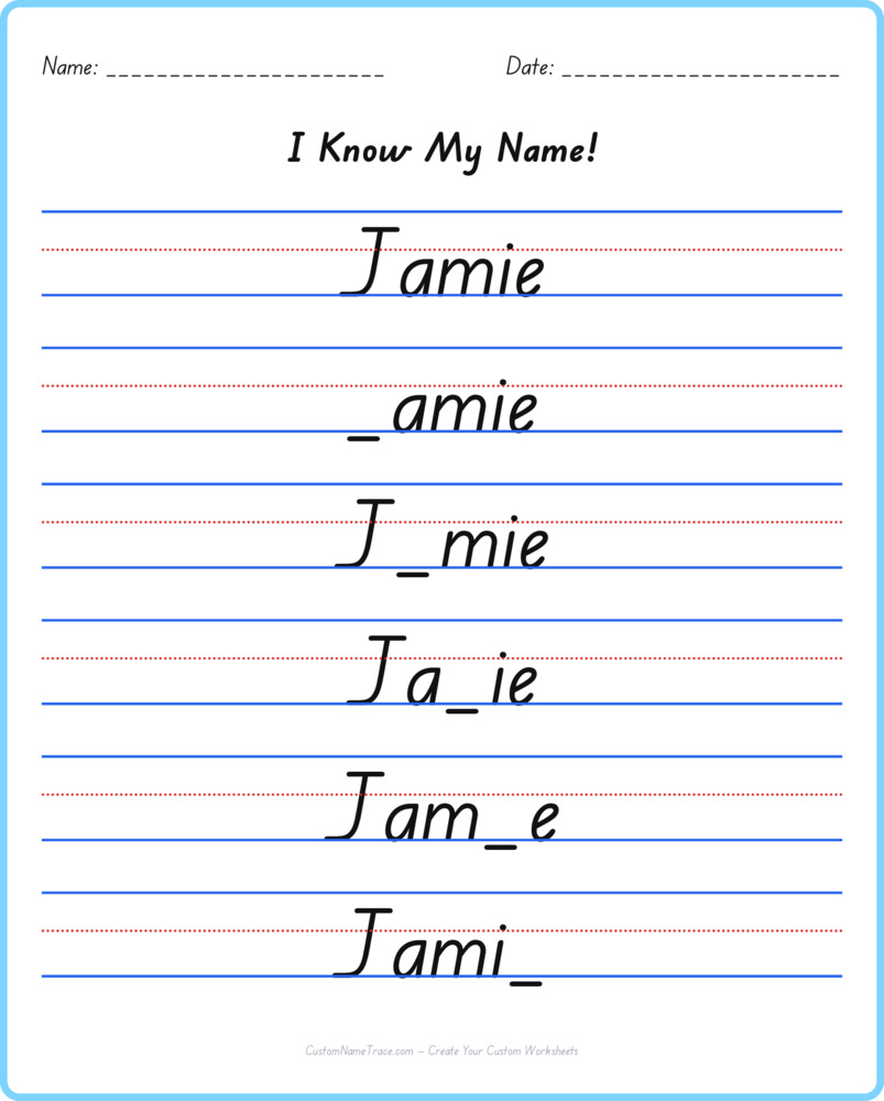 Free Jamie custom name tracing - fill-in-the-blank free worksheet