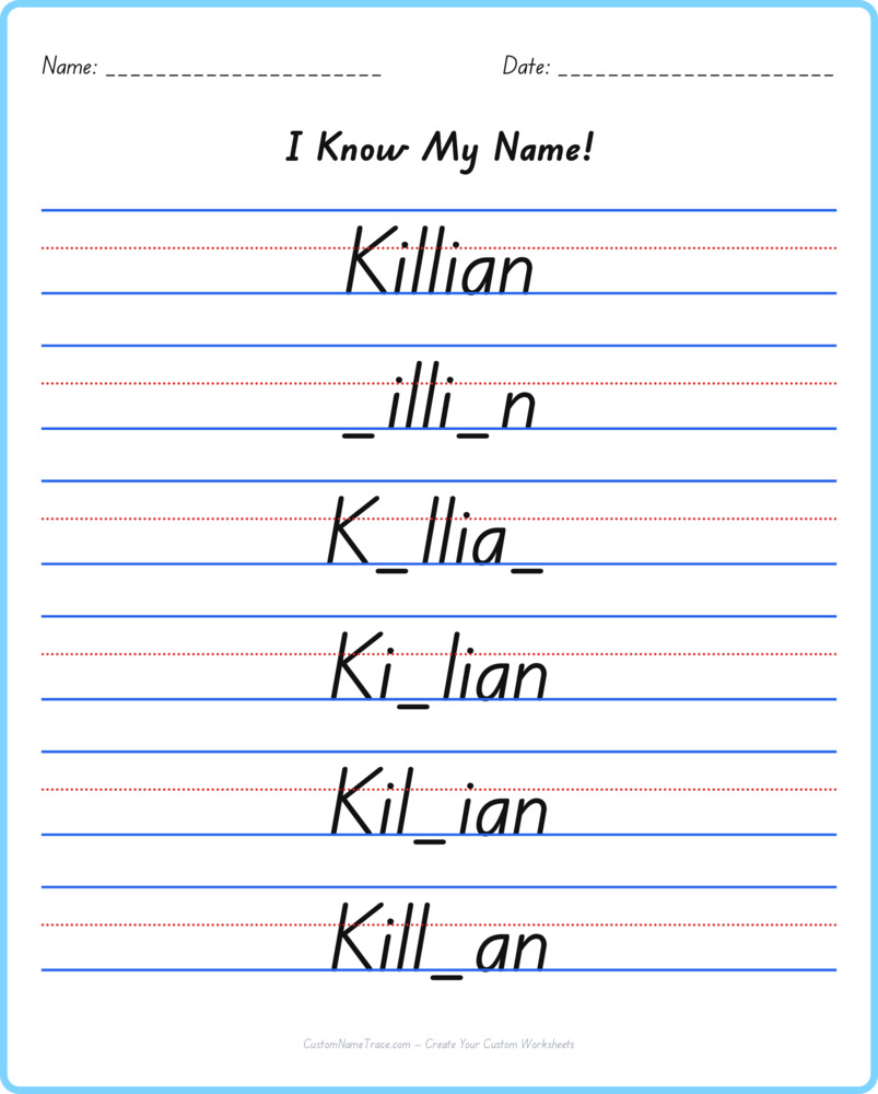 Free Killian custom name tracing - fill-in-the-blank free worksheet