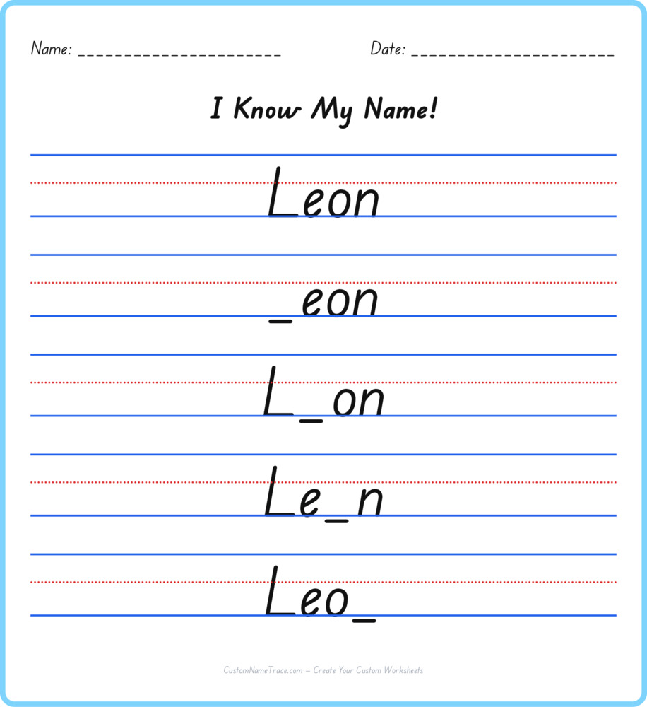 Free Leon custom name tracing - fill-in-the-blank free worksheet