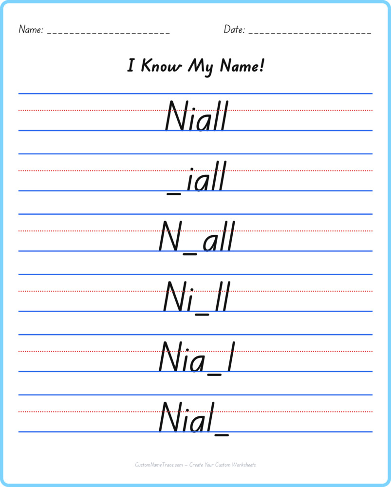 Free Niall custom name tracing - fill-in-the-blank free worksheet