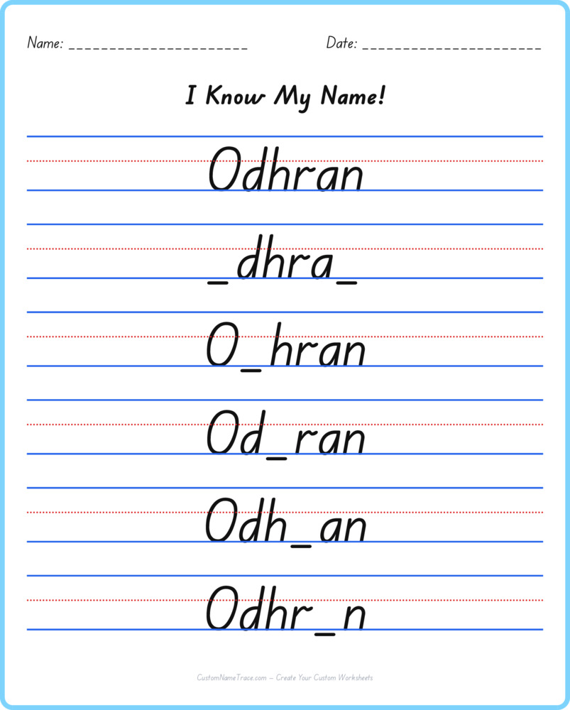 Free Odhran custom name tracing - fill-in-the-blank free worksheet
