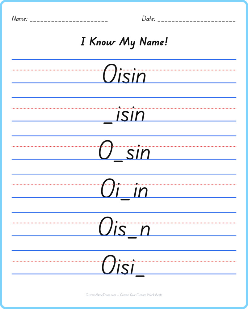 Free Oisin custom name tracing - fill-in-the-blank free worksheet