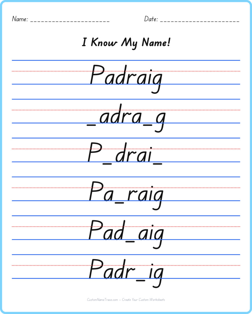 Free Padraig custom name tracing - fill-in-the-blank free worksheet