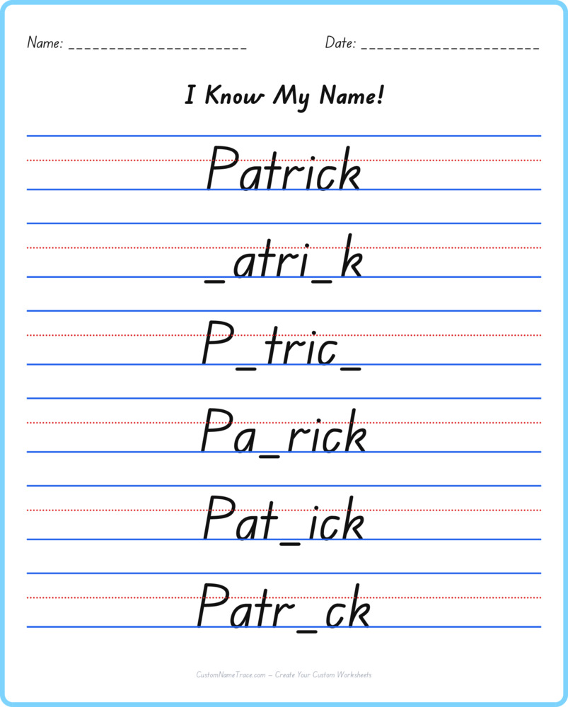 Free Patrick custom name tracing - fill-in-the-blank free worksheet