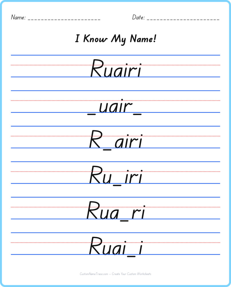Free Ruairi custom name tracing - fill-in-the-blank free worksheet