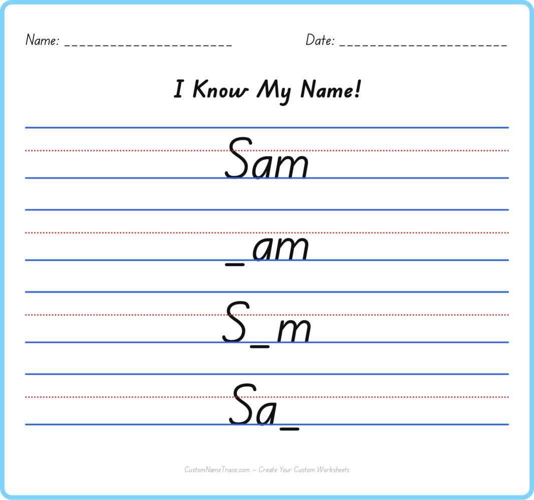 Free Sam custom name tracing - fill-in-the-blank free worksheet