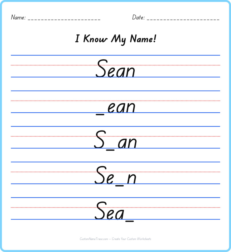 Free Sean custom name tracing - fill-in-the-blank free worksheet