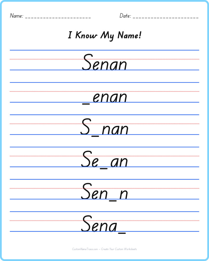 Free Senan custom name tracing - fill-in-the-blank free worksheet