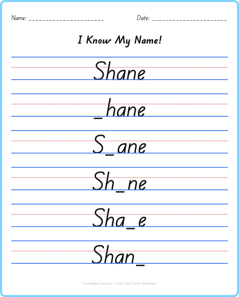 Free Shane custom name tracing - fill-in-the-blank free worksheet