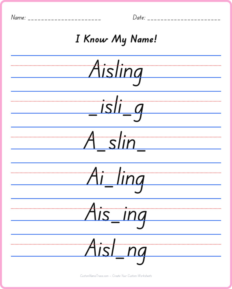 Free Aisling custom name tracing - fill-in-the-blank free worksheet