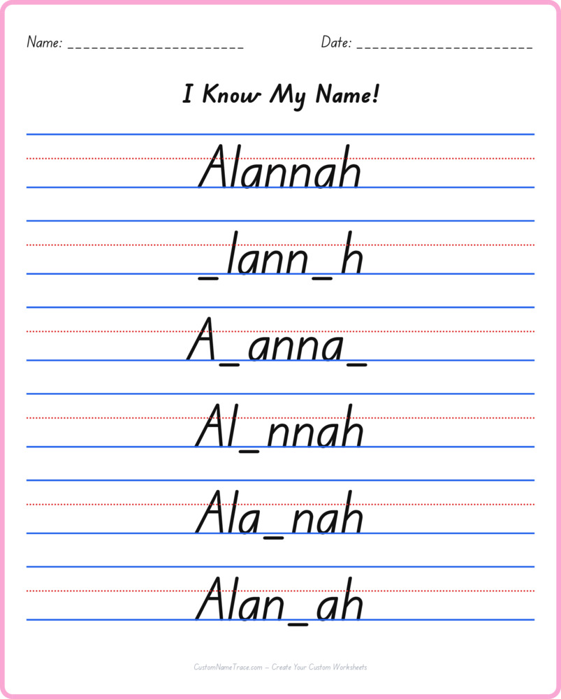 Free Alannah custom name tracing - fill-in-the-blank free worksheet