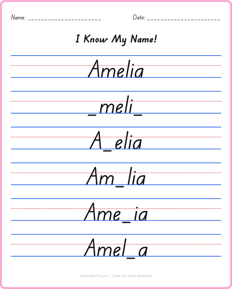 Free Amelia custom name tracing - fill-in-the-blank free worksheet
