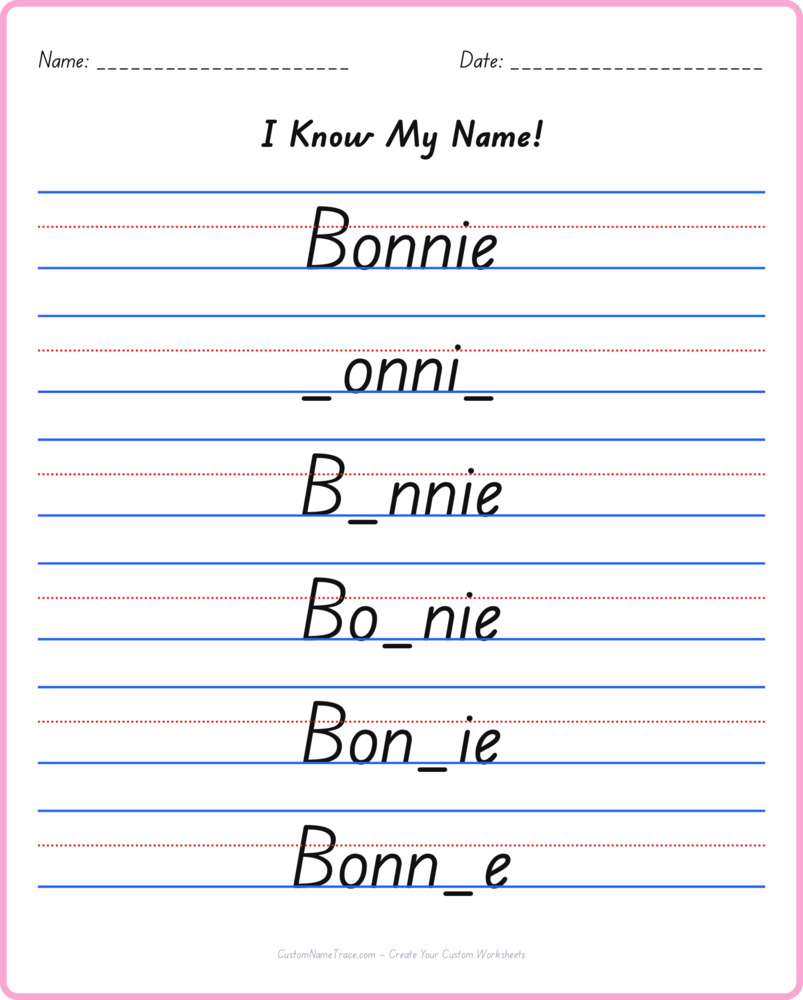 Free Bonnie custom name tracing - fill-in-the-blank free worksheet