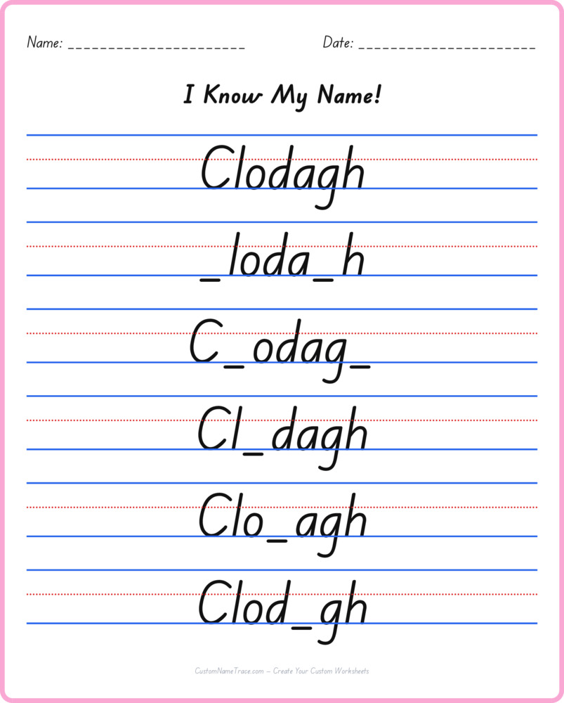Free Clodagh custom name tracing - fill-in-the-blank free worksheet