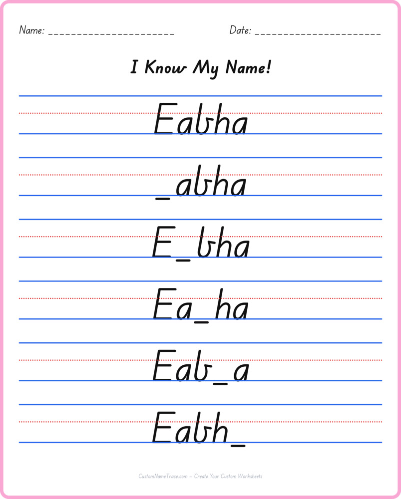 Free Eabha custom name tracing - fill-in-the-blank free worksheet