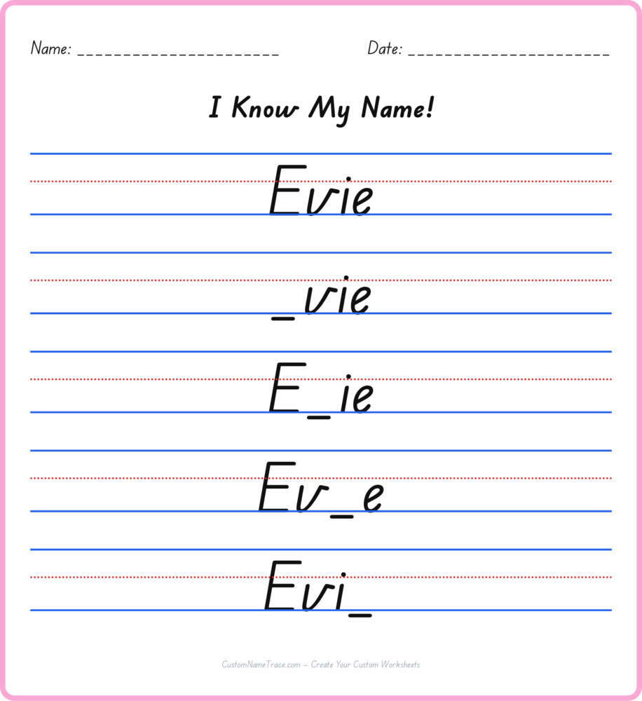 Free Evie custom name tracing - fill-in-the-blank free worksheet
