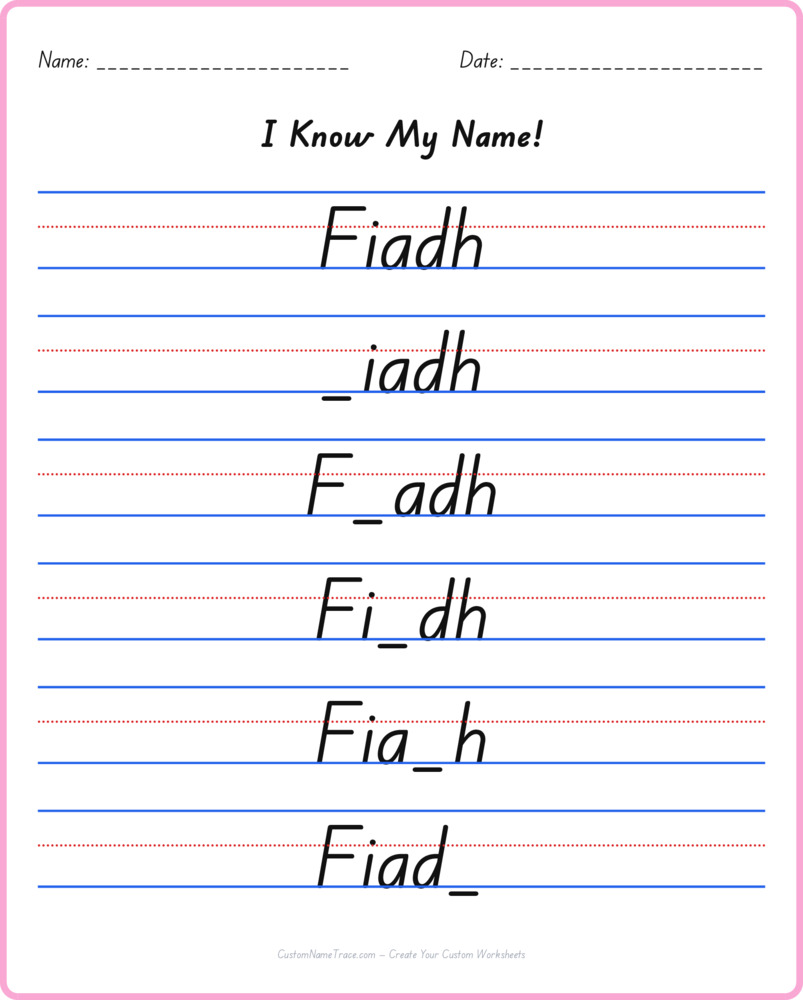 Free Fiadh custom name tracing - fill-in-the-blank free worksheet