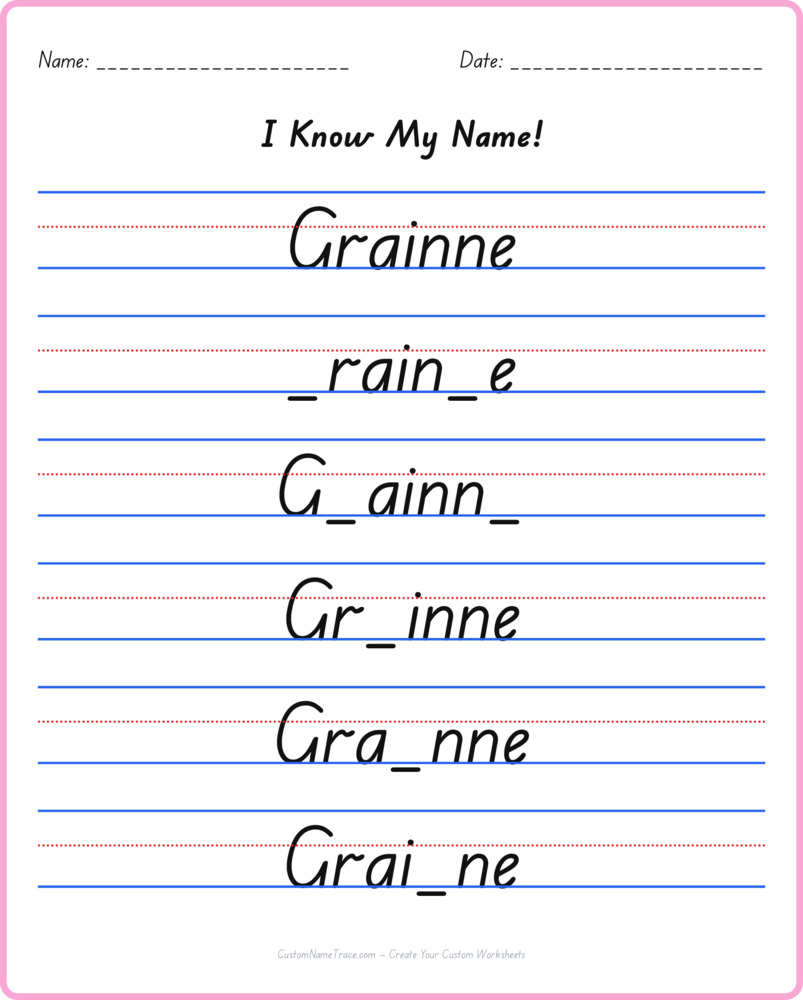 Free Grainne custom name tracing - fill-in-the-blank free worksheet