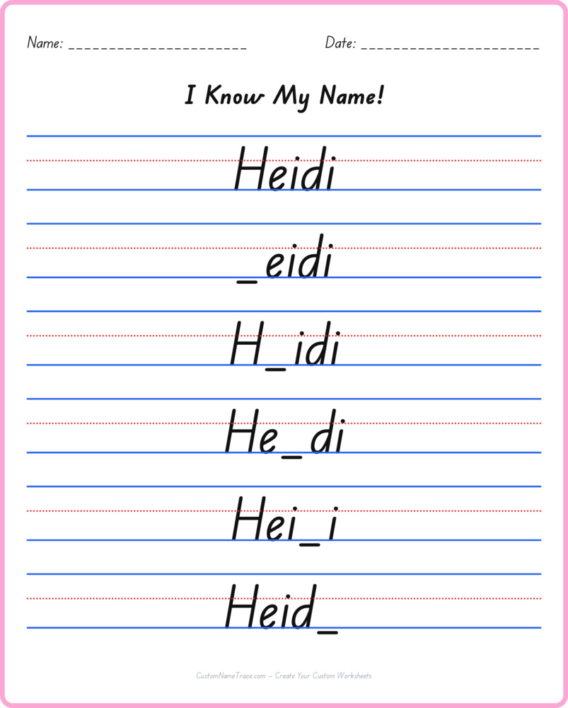 Free Heidi custom name tracing - fill-in-the-blank free worksheet
