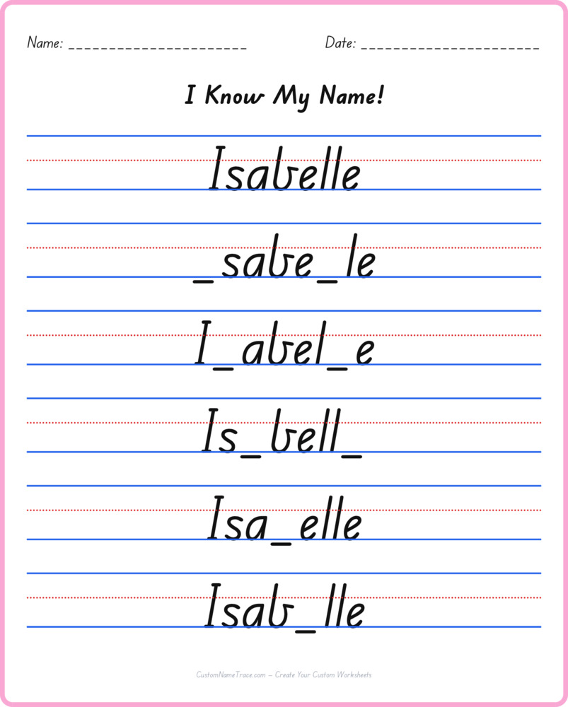 Free Isabelle custom name tracing - fill-in-the-blank free worksheet