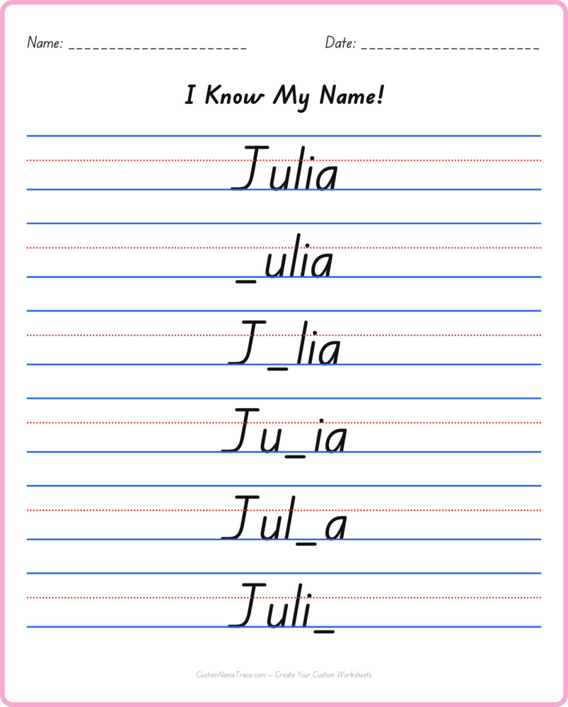 Free Julia custom name tracing - fill-in-the-blank free worksheet