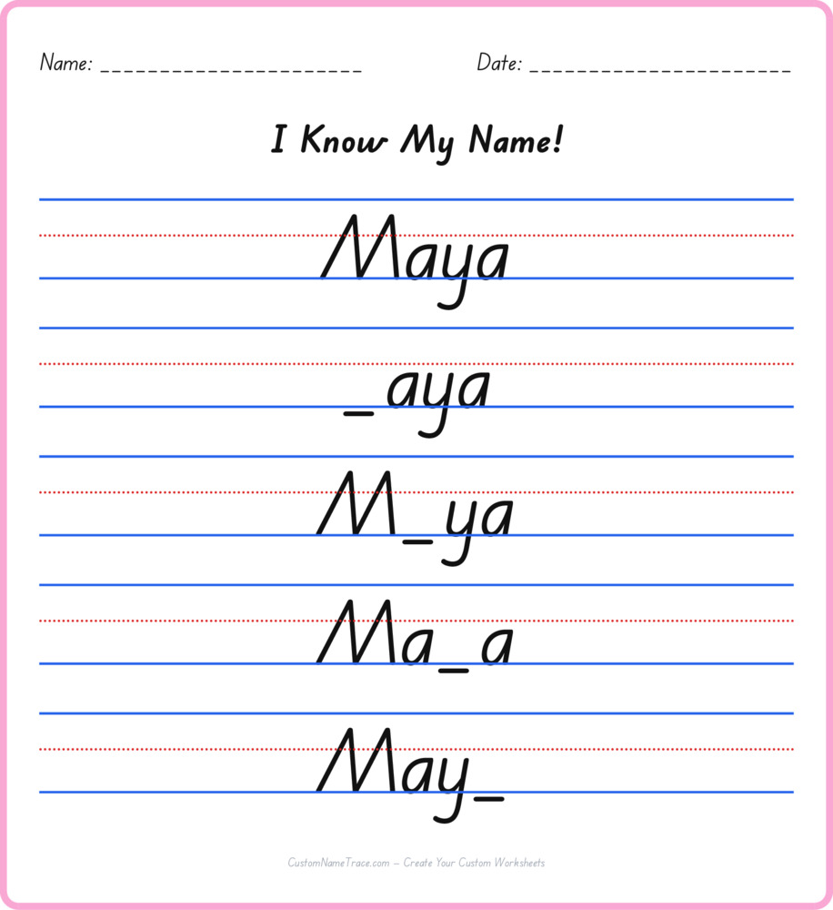 Free Maya custom name tracing - fill-in-the-blank free worksheet