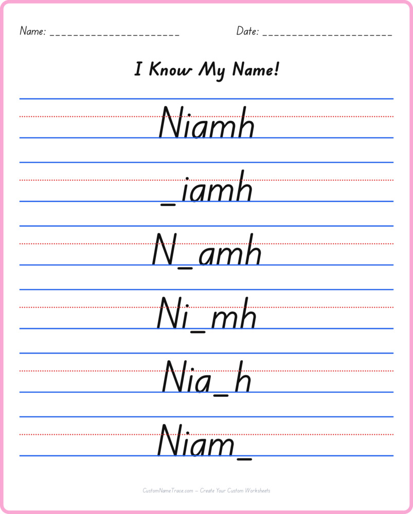 Free Niamh custom name tracing - fill-in-the-blank free worksheet