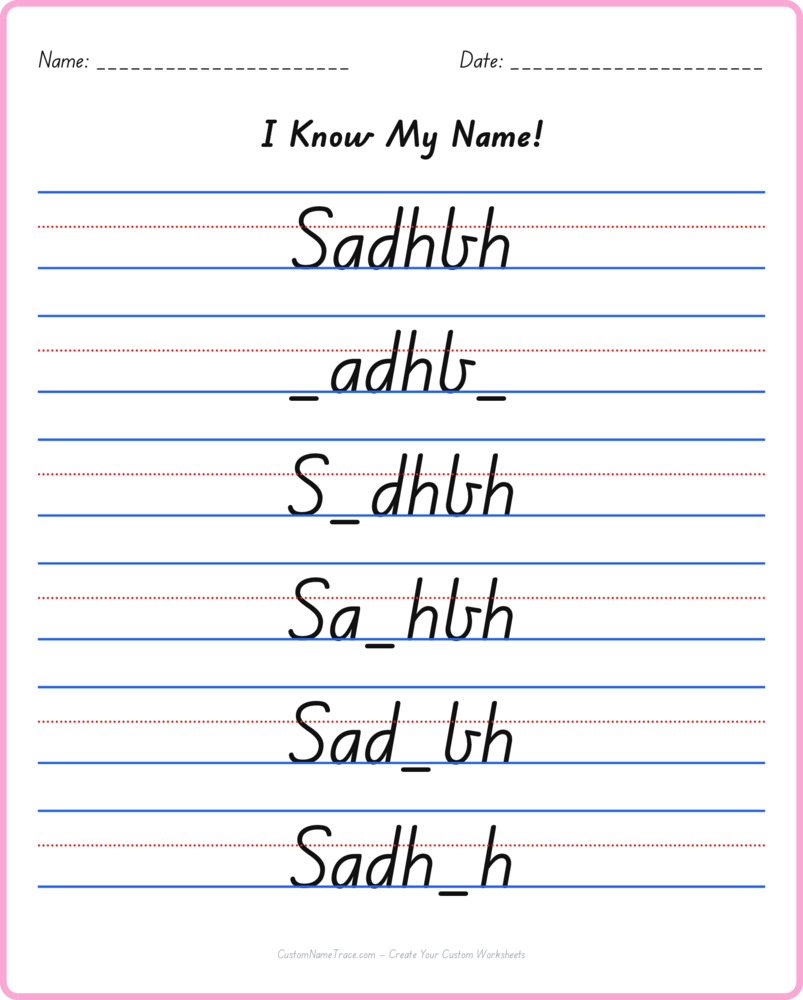 Free Sadhbh custom name tracing - fill-in-the-blank free worksheet