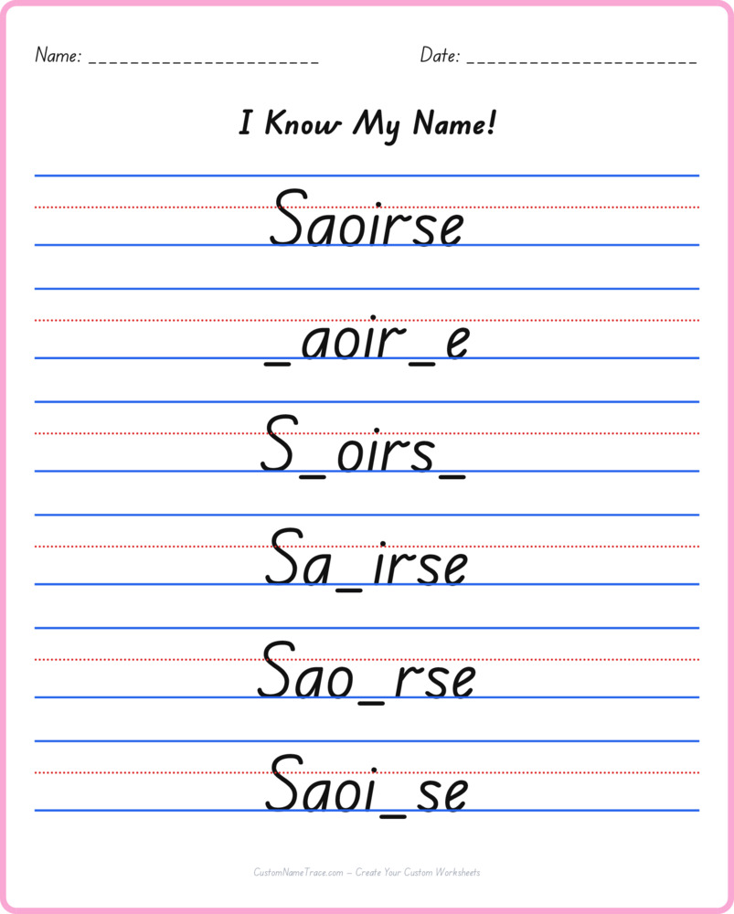 Free Saoirse custom name tracing - fill-in-the-blank free worksheet
