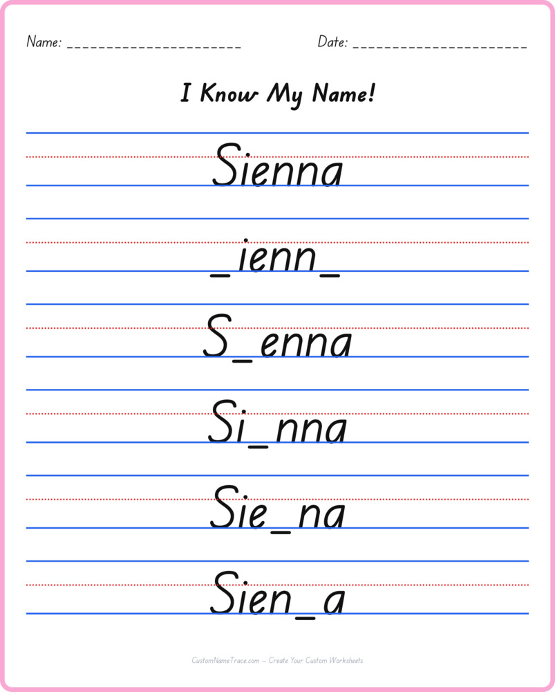 Free Sienna custom name tracing - fill-in-the-blank free worksheet