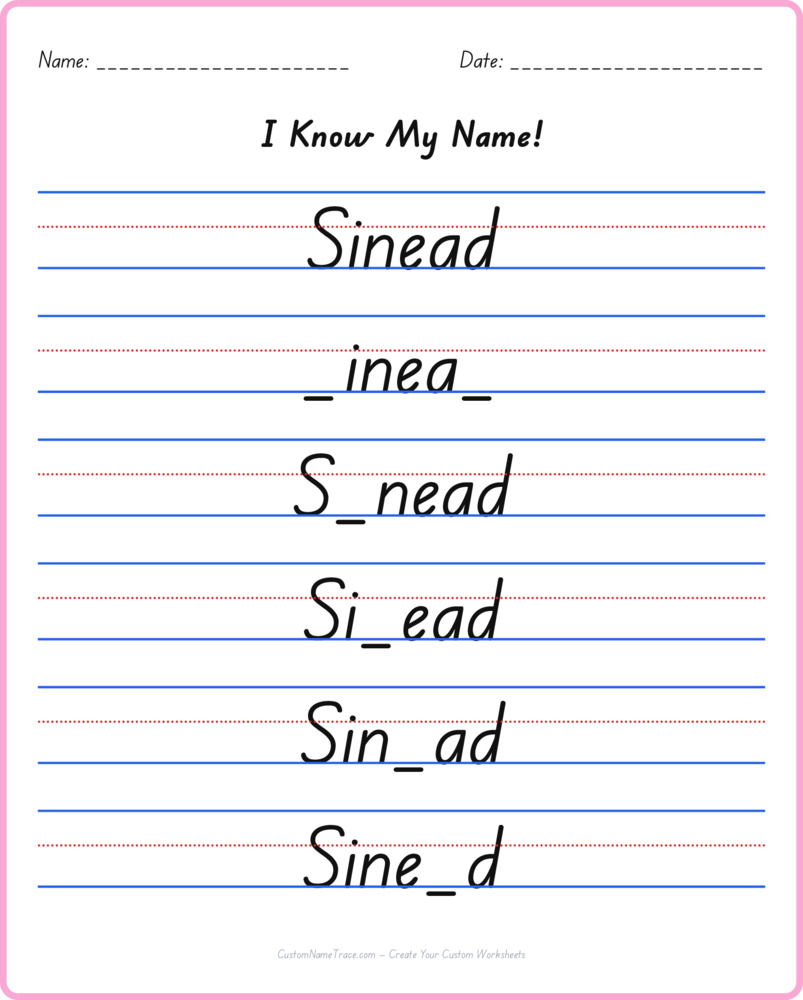 Free Sinead custom name tracing - fill-in-the-blank free worksheet