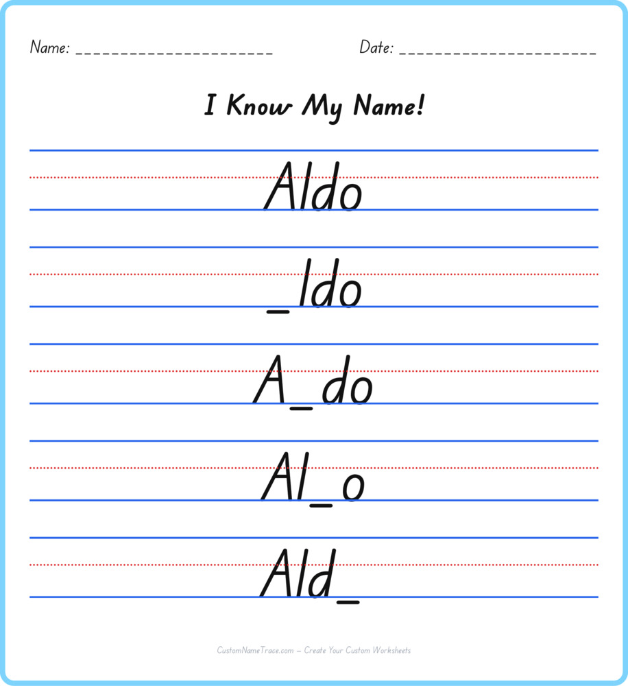 Free Aldo custom name tracing - fill-in-the-blank free worksheet